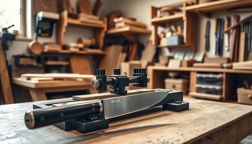 A well-lit workshop setting, showcasing a detailed sharpening jig placed on a sturdy workbench. The jig features multiple adjustable arms and a guide mechanism, emphasizing precision and stability. In the foreground, a close-up view captures a high-quality knife blade being honed against a whetstone, illustrating the control offered by the jig. The middle ground highlights various sharpening tools neatly organized, including stones and honing oils, while the background displays shelves filled with woodworking projects, adding context to the environment. Soft, natural lighting streams through a nearby window, casting gentle shadows and enhancing the atmosphere of focus and craftsmanship. The image conveys a sense of dedication and skill, perfect for illustrating the concept of achieving repeatable angles and a razor-sharp edge.
