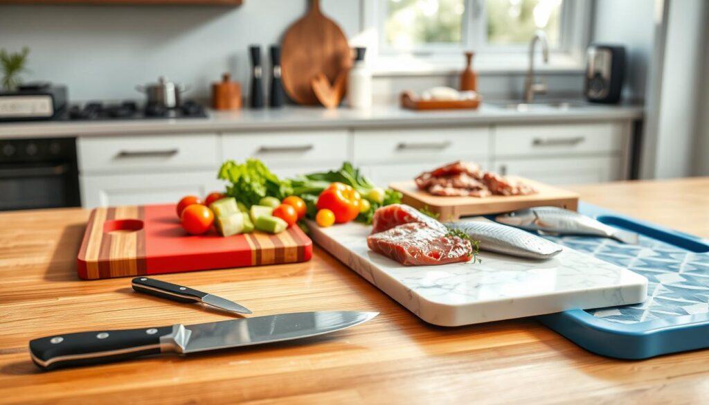 A well-organized kitchen countertop featuring separate cutting boards made of bamboo, plastic, and marble, each distinctively colored: one for vegetables (green), one for raw meat (red), and one for seafood (blue). In the foreground, the cutting boards are neatly arranged with a sharp, high-quality chef's knife and a paring knife placed beside them. The middle layer includes fresh ingredients such as colorful vegetables, raw meat, and fish, artfully displayed to emphasize their respective cutting boards. The background showcases a clean, modern kitchen with soft, natural lighting streaming through a window, creating a warm atmosphere. Capture the scene from a slightly elevated angle to highlight the organization and dedication to preventing cross-contamination, with a focus on clarity and cleanliness.