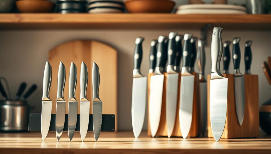 A well-organized kitchen showcasing proper knife storage methods. In the foreground, highlight a magnetic knife strip, elegantly displaying a collection of gleaming, high-quality kitchen knives, their blades reflecting soft, natural light. The middle layer features a wooden knife block, with several knives neatly arranged, evoking a sense of order and safety. In the background, soft-focus shelves contain additional kitchen tools, conveying an organized and functional culinary space. Use warm, inviting lighting to create a cozy atmosphere, and a shallow depth of field to emphasize the knife storage solutions. The overall mood should suggest professionalism and safety, embodying the essence of maintaining knife edges while protecting hands and kitchen surfaces.