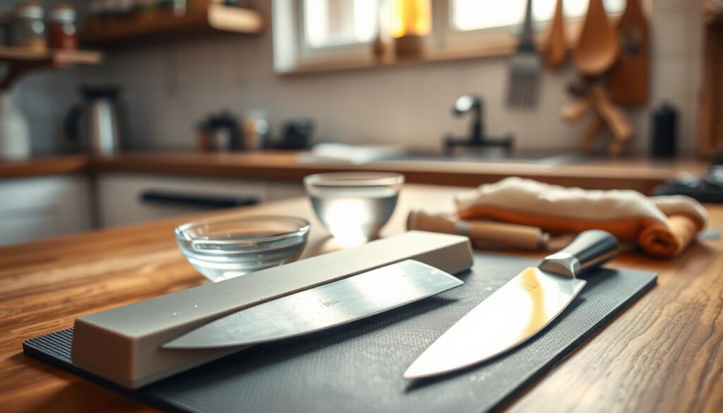 A well-organized knife sharpening station set on a wooden kitchen countertop. In the foreground, a high-quality whetstone is placed on a non-slip mat, with a few droplets of water glistening on its surface. A kitchen knife with a gleaming blade lies next to the whetstone, reflecting soft ambient light. In the middle ground, a small bowl of clean water sits nearby, while a cloth for wiping the knife is neatly folded. The background features softly blurred kitchen elements, including a spice rack and hanging utensils, illuminated by warm, natural light coming through a window. The mood is calm and inviting, conveying a sense of readiness for an enjoyable culinary task.
