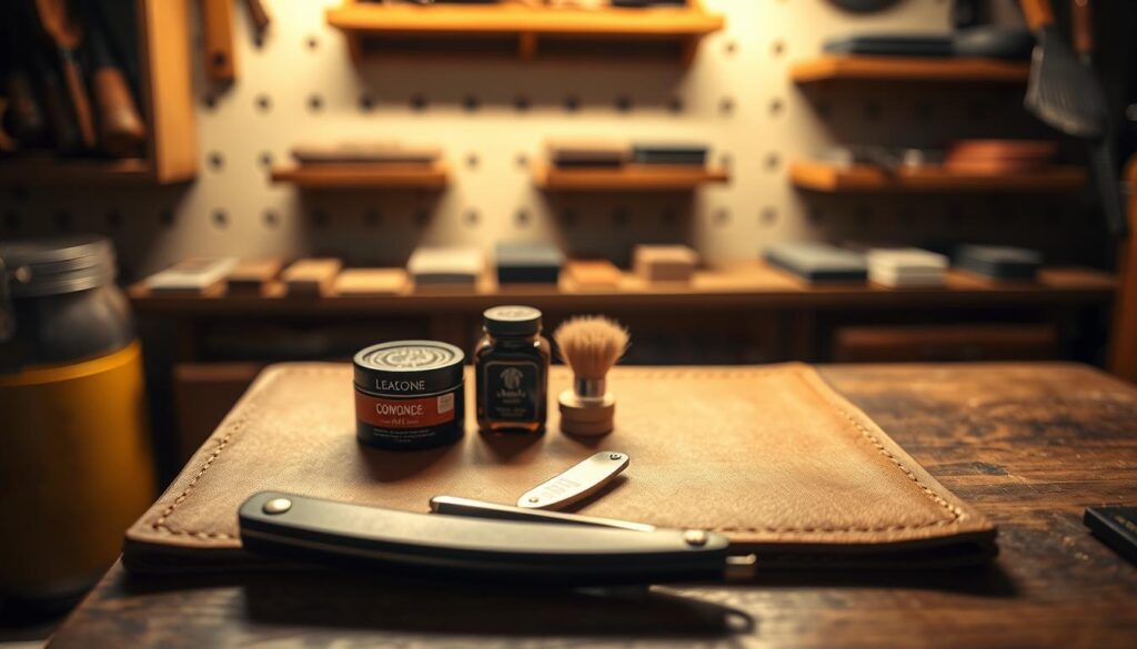 A well-organized leather strop sharpening setup on a wooden workbench, featuring a high-quality leather strop with two distinct sides: one textured for honing and one smooth for polishing. In the foreground, a traditional straight razor rests next to the strop, glinting under soft, warm lighting that creates an inviting atmosphere. In the middle, tools such as a honing compound and a small brush are neatly arranged, showcasing a sense of precision and care. The background features a blurred shelf with sharpening stones and leather working tools, enhancing the craftsmanship feel. The image should have a shallow depth of field to emphasize the strop setup while maintaining a cozy workshop ambiance.