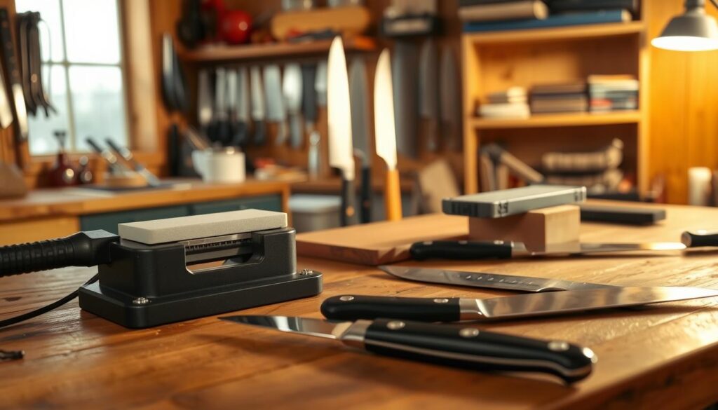 A well-organized workspace featuring two knife sharpening systems side by side on a wooden workbench. In the foreground, focus on a guided sharpening system, showcasing its precise angle guide and stone, glistening under bright, focused light. Beside it, a freehand sharpening setup with various whetstones and tools, slightly cluttered, suggesting the hands-on nature of freehand sharpening. The middle ground includes a set of knives resting elegantly, highlighting their sharp blades. The background softly blurs, revealing a warm, wooden interior with tools and sharpening accessories on shelves. The atmosphere is focused and instructional, with a pleasant warm light illuminating the scene, creating an inviting and educational space for beginners.