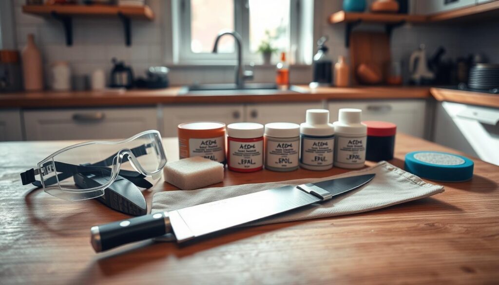 A well-organized workspace for hand-polishing a kitchen knife blade, showcasing a pristine wooden surface with a variety of polishing materials arranged neatly. In the foreground, highlight essential safety gear like protective goggles and gloves, alongside a quality kitchen knife positioned on a soft cloth. The middle ground features several polishing compounds and buffs in neatly labeled containers. The background hints at a bright, clean kitchen environment with soft natural light filtering through a window, casting gentle shadows, creating an inviting atmosphere. Capture the mood of concentration and professionalism, emphasizing a safe and organized setup for knife polishing. Use a balanced composition, with a slight downward angle to provide depth and focus on the workspace details.