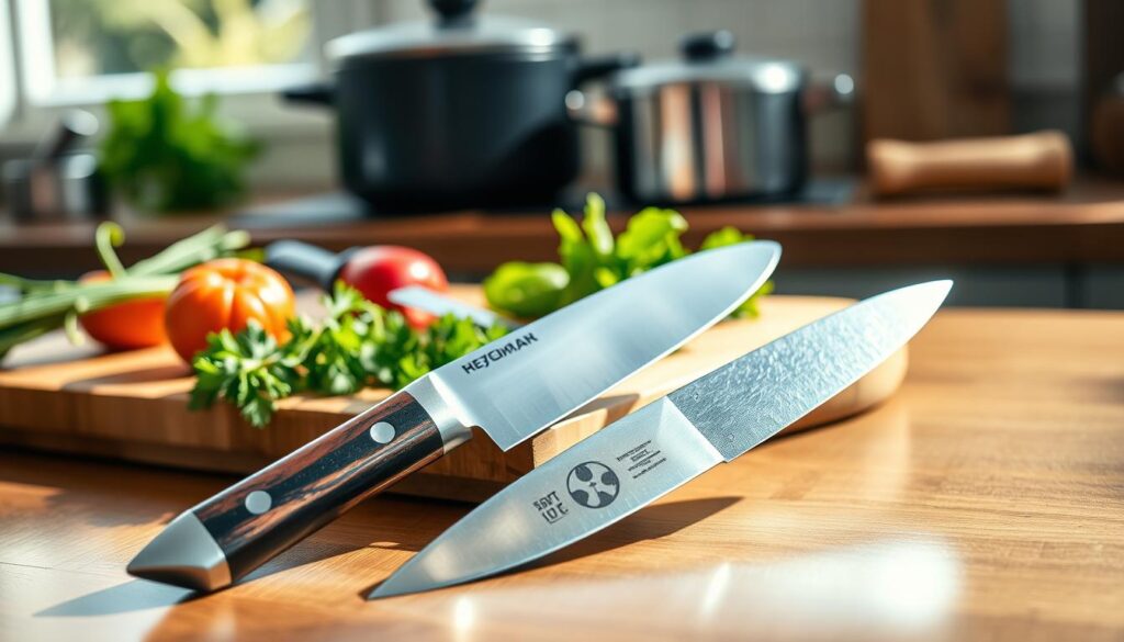 An elegant display of high-quality German kitchen knives arranged on a polished wooden countertop, showcasing their distinctive features such as robust blades, ergonomic handles, and a striking contrast between shiny stainless steel and dark wood. In the foreground, highlight a chef's knife and a paring knife, positioned at angles that emphasize their sharpness and craftsmanship. The middle ground includes a wooden cutting board with fresh herbs and vegetables artistically placed to suggest culinary use. In the background, softly blurred kitchen elements, like pots and pans, create a warm, inviting atmosphere. The lighting is bright and natural, simulating sunlight, to enhance the vibrancy of the scene. Capture the mood of professionalism and culinary excellence, inviting the viewer to appreciate the heritage of German knife-making.