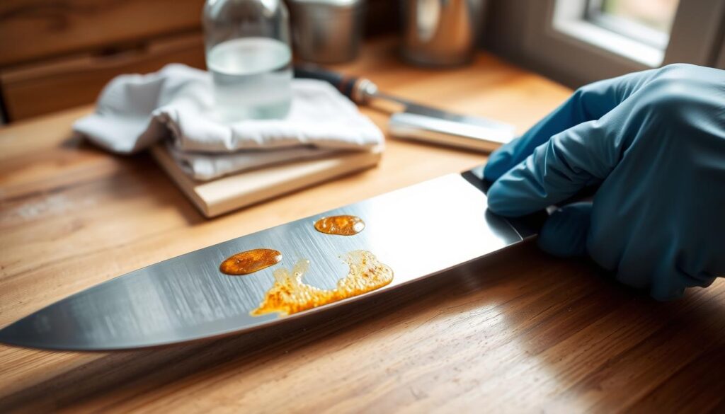 Close-up of a polished stainless steel knife resting on a wooden kitchen countertop, showcasing stubborn food stains on the blade. In the foreground, a hand wearing rubber gloves gently scrubs the knife with a food-safe cleaning pad, revealing shiny metal beneath the stains. The middle background features a selection of eco-friendly cleaning tools, including a bottle of vinegar, a soft cloth, and a stainless-steel brush arranged neatly. Soft, natural light filters through a nearby window, creating a warm and inviting atmosphere. The camera angle is slightly above the knife, highlighting the intricate details of the stains and the cleaning process. The scene conveys a sense of care and professionalism, emphasizing effective stain removal techniques.