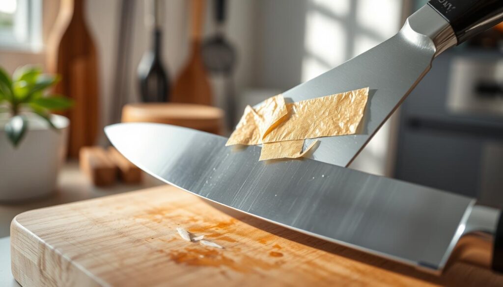Close-up view of a sharp kitchen blade with visible tape residue smeared across its surface. The blade is resting on a wooden cutting board, highlighting the contrast between the metallic shine of the blade and the dull, sticky residue. Soft, diffused natural light casts gentle shadows, enhancing the textures of both the blade and the residue. In the background, there's a subtle hint of a clean, modern kitchen environment, with blurred outlines of utensils hanging and a splash of greenery from a nearby plant. The mood is focused and informative, emphasizing the importance of safe cleaning methods. The angle captures the blade at a slight tilt, drawing attention directly to the residue without any distractions.