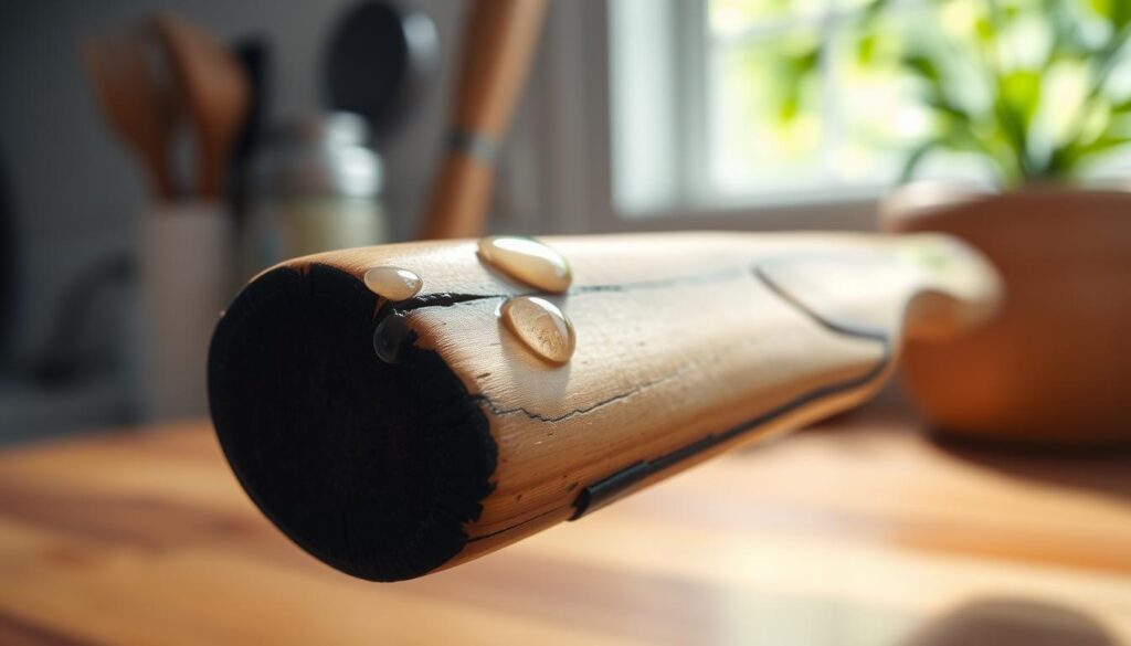 Close-up view of a wooden knife handle showing signs of water damage. The foreground features a slightly warped knife handle with dark, swollen spots and visible cracking, illustrating the effect of moisture. In the middle, droplets of water are pooled on the surface, reflecting light, creating a glistening effect. The background includes a blurred kitchen setting with hints of utensils and soft, natural lighting coming from a nearby window, casting gentle shadows. The overall atmosphere is one of concern, highlighting the importance of maintenance and care. Use a macro lens to emphasize the texture of the wood, with a slight depth of field to keep the focus sharp on the handle's damage.