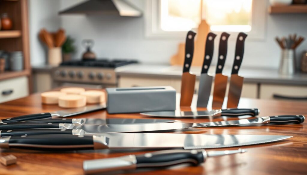 A beautifully arranged display of professional kitchen knives on a polished wooden countertop. In the foreground, a variety of high-quality knives, including chef's knives, paring knives, and serrated knives, each with sleek, modern handles. The middle ground features a sharpening stone and a honing rod, suggesting the importance of maintenance. The background is softly blurred, showcasing a cozy and well-lit kitchen ambiance with warm, natural lighting that highlights the knives' sharp edges and craftsmanship. The atmosphere is inviting, emphasizing the value of professional knife sharpening for avid cooks. The shot is framed at an angle that captures all elements harmoniously, creating a focused, polished composition.