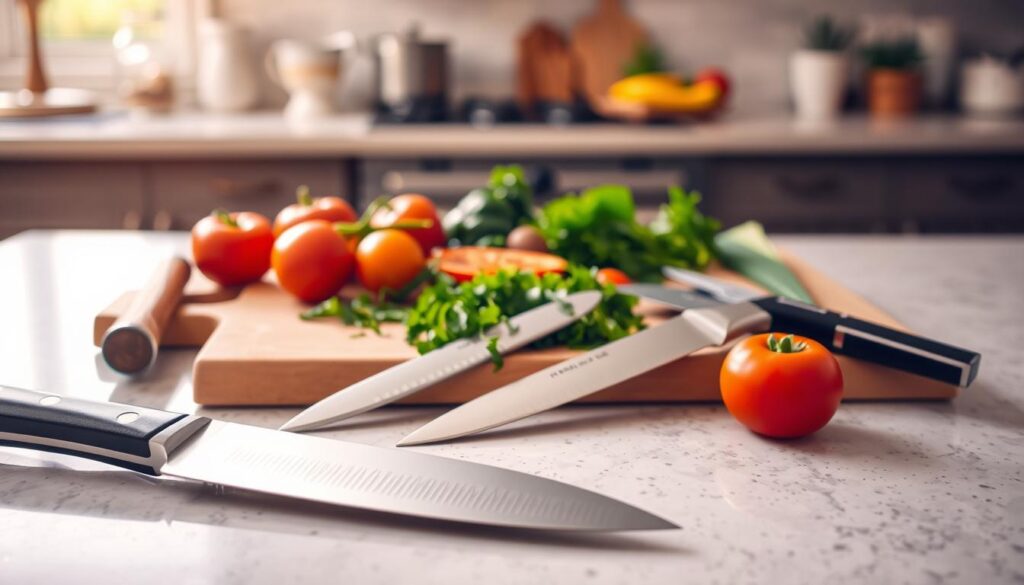 A beautifully arranged kitchen countertop featuring a variety of kitchen knives, each distinctly showcased to represent different types suited for various cooking tasks. In the foreground, a chef's knife gleams prominently, its blade reflecting the warm kitchen lights. Next to it, a paring knife and a serrated knife lie in elegant positions, highlighting their unique shapes and functionalities. In the middle ground, an array of colorful vegetables and herbs sprawls across the cutting board, emphasizing the practical use of these knives. The background consists of a softly lit, well-organized kitchen, creating a warm and inviting atmosphere. The scene captures an educational yet appealing mood, aiming to guide viewers in their selection of kitchen knives. Soft, natural light bathes the scene, providing clear visibility of each knife type, making it suitable for an informative article.