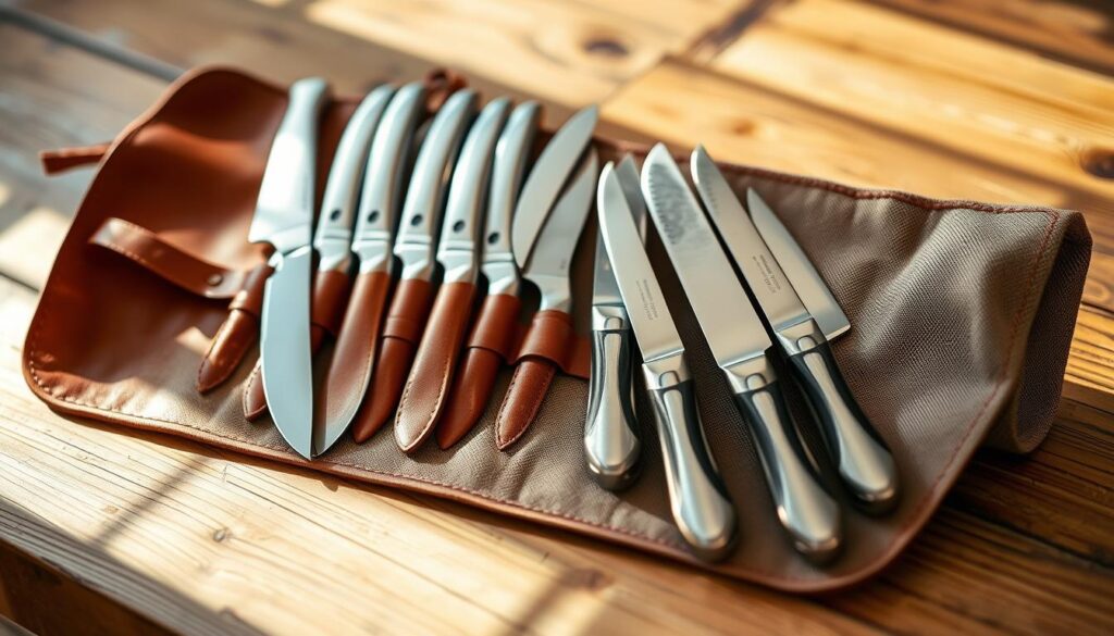 A beautifully arranged knife roll, showcasing a leather knife roll on one side and a canvas knife roll on the other, laid open to reveal neatly organized kitchen knives. In the foreground, soft natural light casts gentle shadows, highlighting the rich texture of the leather and the sturdy fabric of the canvas. The middle ground features polished, stainless steel knives gleaming under the light, each blade reflecting the craftsmanship. The background is softly blurred, showing a rustic wooden table to enhance the artisanal feel. The atmosphere should evoke a sense of care and professionalism, ideal for highlighting cleaning and organizing techniques. Focus on details: stitching, knife handles, and the well-maintained surfaces of both types of knife rolls.