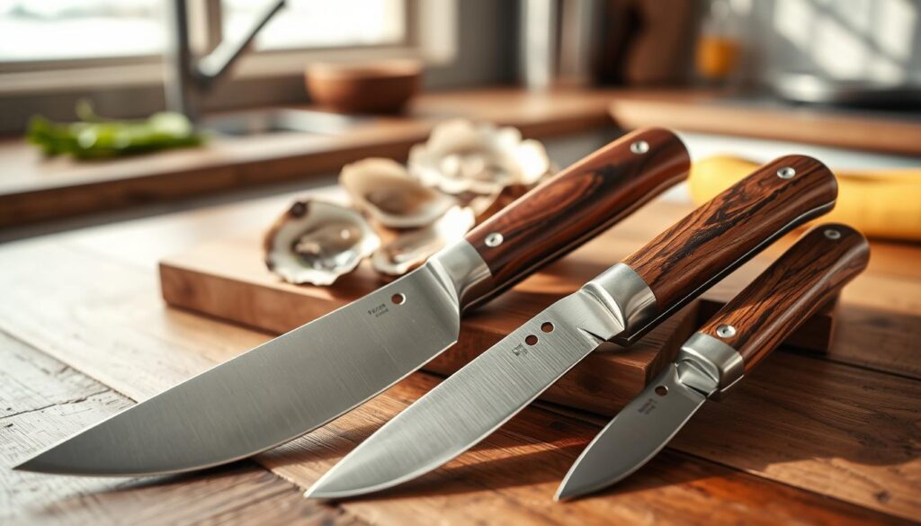 A beautifully arranged set of the best oyster shucking knives, showcasing their unique designs and sharp blades. In the foreground, display three high-quality oyster knives with polished wooden handles and stainless-steel blades, catching the light. In the middle ground, include a rustic wooden cutting board with freshly shucked oysters, their shells glistening with ocean water, to highlight the purpose of the knives. The background features a hint of a seaside kitchen, with soft natural light filtering through a nearby window, creating a warm and inviting atmosphere. Use a shallow depth of field to focus on the knives and oysters, emphasizing the craftsmanship and practical use of these essential tools for seafood lovers. The overall mood should feel artisanal and culinary, perfect for gourmet enthusiasts.