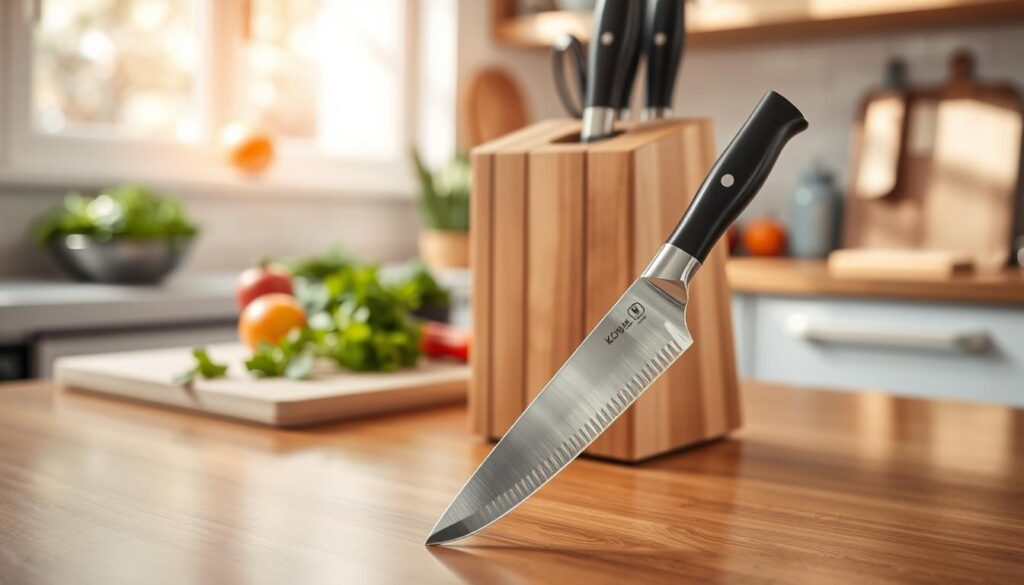A beautifully arranged three-piece knife set displayed prominently on a polished wooden kitchen countertop. In the foreground, the focus is on the essential chef's knife, paring knife, and serrated knife, each with gleaming stainless steel blades and ergonomic handles. The middle ground features a wooden knife block elegantly showcasing these knives, emphasizing their quality and craftsmanship. In the background, soft-focused kitchen elements like fresh herbs, vibrant vegetables, and a cutting board create a warm, inviting cooking atmosphere. Natural daylight streams in through a nearby window, casting gentle shadows and highlighting the sleekness of the knives. The overall mood is one of culinary sophistication and practicality, ideal for aspiring home cooks.