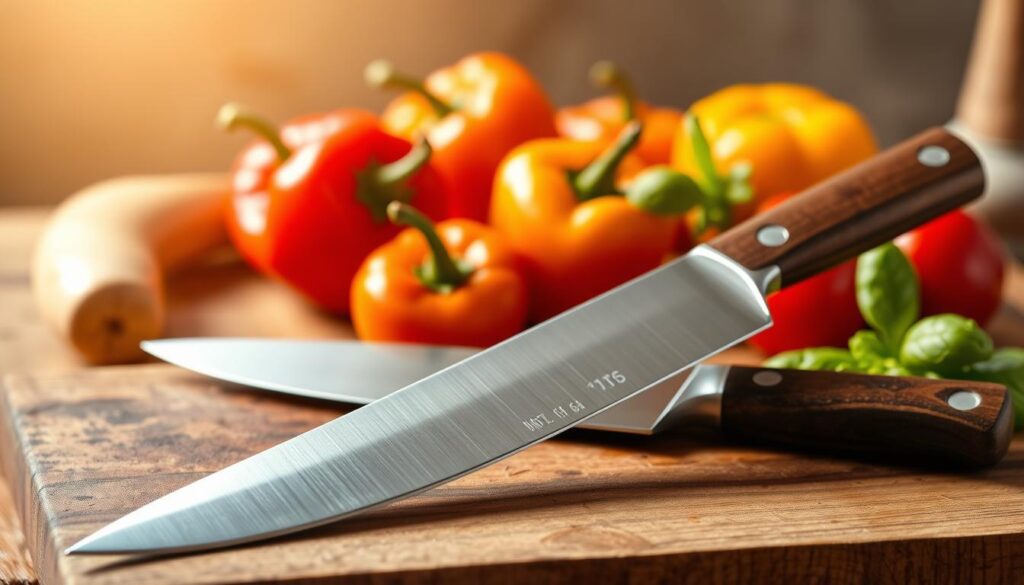 A beautifully crafted chef knife with a polished stainless steel blade glimmers in the foreground, resting on a rustic wooden cutting board. The knife’s ergonomic handle, made of dark wood, showcases a smooth finish, inviting the viewer to imagine its use in culinary creations. In the middle background, an array of fresh vegetables—vibrant bell peppers, ripe tomatoes, and sprigs of basil—are artfully arranged, emphasizing the knife’s role in food preparation. Soft, natural light filters in from the side, casting gentle shadows and highlighting the knife’s sharp edge. The atmosphere is warm and inviting, conveying a sense of home cooking and culinary passion. The angle is slightly elevated, providing a clear view of the knife and its vibrant surroundings without any distractions.
