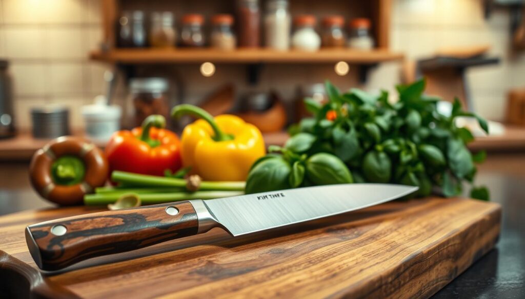 A beautifully crafted, custom kitchen knife lies on a rustic wooden cutting board, foreground. The knife features an intricately designed handle made of rich, dark wood, and the blade shines with a polished finish, reflecting soft kitchen lighting. In the middle ground, a selection of fresh vegetables and herbs—vibrant bell peppers, green onions, and fragrant basil—surround the knife, hinting at its culinary purpose. The background shows a warm, inviting kitchen atmosphere with shelves lined with jars and spices, illuminated by gentle, ambient lighting that creates a cozy, organic feel. The angle captures the knife's detail while inviting viewers to appreciate the craft behind a custom culinary tool, evoking a sense of passion and artistry in cooking.