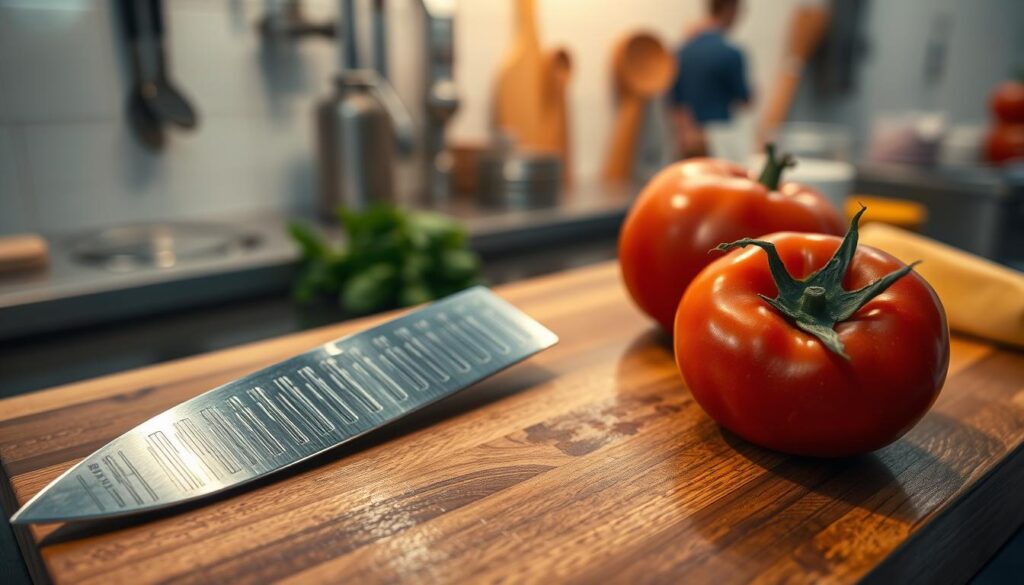 A beautifully crafted kitchen knife rests on a polished wooden cutting board, its razor-sharp edge glinting under soft, warm overhead lighting. In the foreground, the knife's stainless steel blade reflects intricate details, showcasing its mirror finish and expertly honed edge. To the side, a perfectly ripe tomato sits, slightly squished as if waiting for the knife to demonstrate its piercing capability. In the background, a well-organized kitchen with blurred utensils and ingredients creates a sense of purpose and professionalism. The atmosphere is serene yet focused, embodying the importance of precision in culinary tasks. The camera angle is slightly overhead, emphasizing the knife's edge while capturing the ambiance of a chef’s workspace.