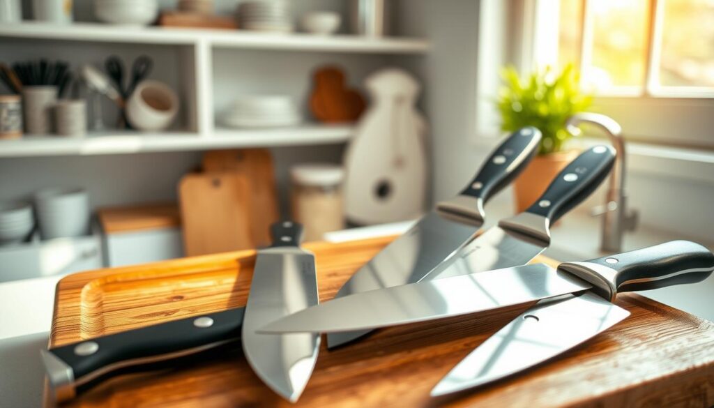 A clean, gleaming set of professional kitchen knives arranged on a polished wooden cutting board. The knives vary in size and style, showcasing their shiny stainless steel blades and ergonomic handles. Each knife is meticulously positioned to highlight its sharp edge and craftsmanship. In the soft, natural light streaming through a nearby window, there are subtle reflections on the blades, emphasizing their cleanliness. The background features a minimalist kitchen setting with blurred shelves lined with neatly organized cooking essentials, conveying a sense of order and care. The atmosphere is fresh and inviting, ideal for showcasing the importance of preparing and storing knives properly. The angle captures the knives from a slight overhead perspective, creating a visually appealing composition.