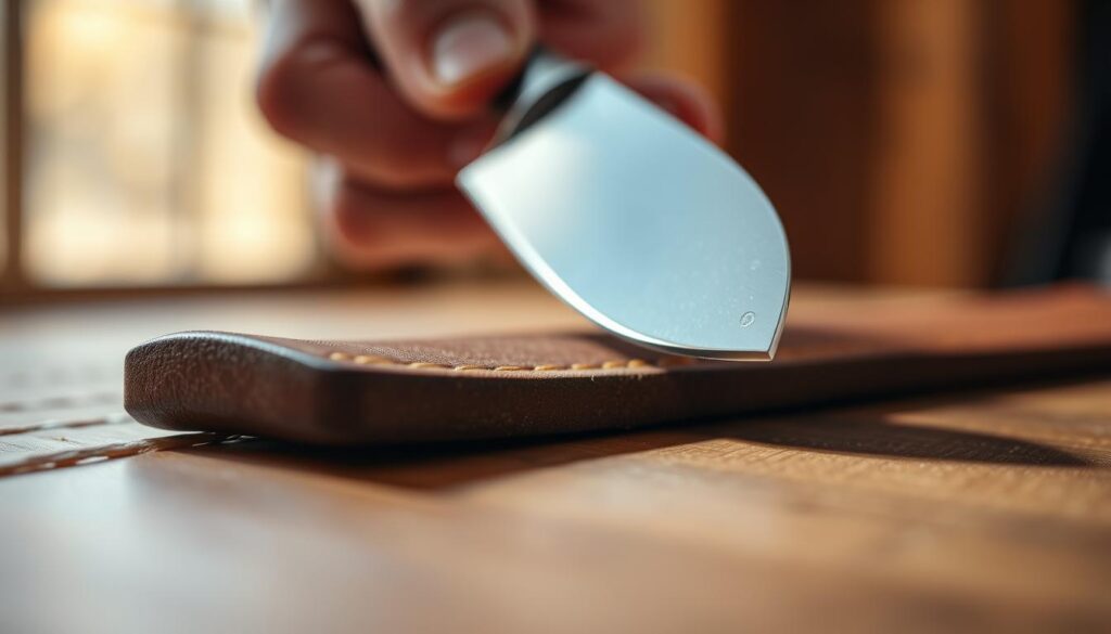 A close-up image of a polished leather strop with a beautifully defined stropping edge reflecting a soft glint of light. The foreground features the edge of the strop, where fine leather fibers are visible, showcasing their smoothness. In the middle layer, a hand gently holding a finely crafted knife with a gleaming blade, mid-motion as it glides along the strop, emphasizing the action of stropping. The background is softly blurred with warm, inviting lighting that conveys a sense of craftsmanship and attention to detail. The atmosphere is calm and focused, inviting viewers to appreciate the precision of the stropping process and the ultimate care taken to achieve a perfect edge. Use natural lighting to enhance the textures and subtle colors of the leather and knife.