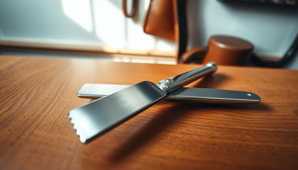 A close-up image of a sleek, high-quality razor positioned on a polished wooden surface with fine grain detail. The razor features a beautifully crafted stainless steel blade with a sharp edge reflecting light, showcasing its meticulous craftsmanship. In the background, softly blurred, there's a leather strop hanging on a well-lit wall, emphasizing its texture and richness. The lighting is warm and inviting, with gentle highlights accentuating the razor's polished finish while casting soft shadows that enhance depth. The angle captures the razor from above, creating a sense of elegance and purpose, ideal for illustrating the concept of precision and sharpness in maintaining tools.