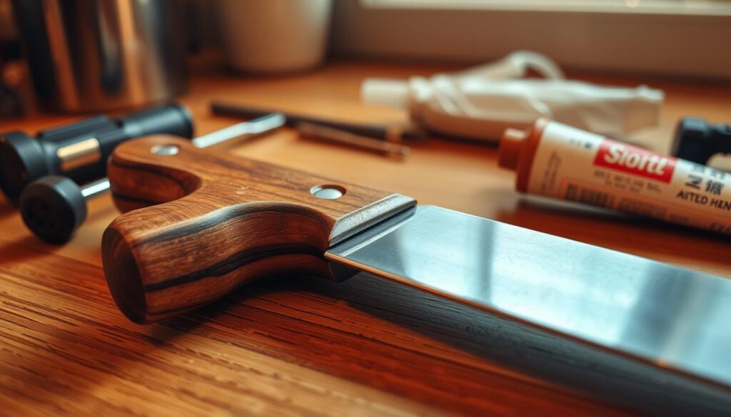 A close-up image of a well-used kitchen knife handle resting on a wooden kitchen countertop. The handle is made of polished hardwood, showing signs of wear and tear, with visible grooves and textures that highlight its usability. Surrounding the knife, there are small tools like a screwdriver and a tube of adhesive, suggesting a repair scenario. The scene is lit with warm, soft lighting that enhances the natural grain of the wood and the chrome of the knife’s blade, casting gentle shadows on the countertop. The focus is sharp on the handle and tools while having a slightly blurred background that includes hints of kitchen elements, creating an inviting and domestic atmosphere.