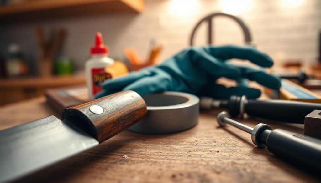 A close-up shot of a kitchen knife handle resting on a workbench. The handle, made of polished wood, shows slight wear, indicating it's loose and in need of repair. Surrounding the knife are essential tools for safety and maintenance: a pair of gloves, a roll of duct tape, a tube of wood glue, and a small screwdriver, all arranged neatly. The background should feature a blurred kitchen setting, subtly lit with warm overhead lighting, creating a cozy and inviting atmosphere. The angle captures the texture of the handle while emphasizing the tools that ensure safety before any repair work begins. The scene evokes a sense of diligence and care, setting a serious yet approachable tone for the repair task ahead.