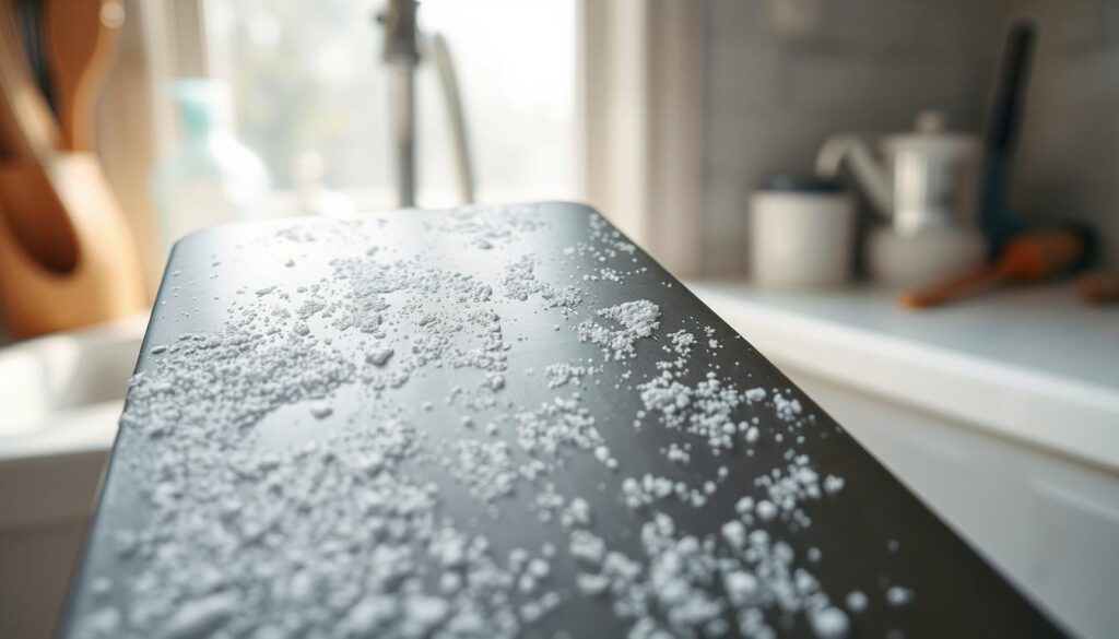 A close-up shot of a metal blade covered in hard water stains and mineral buildup, emphasizing the intricate, cloudy white and light mineral speckles across the surface. In the foreground, the blade should be in sharp focus, showing details like the texture of the metal and the streaks of the hard water deposits. The middle ground features a blurred background with hints of a rustic kitchen sink and cleaning tools, suggesting a domestic setting. Soft, natural lighting from a nearby window illuminates the blade, creating a gentle contrast between the shiny metal and the dull, stained areas. The atmosphere evokes a sense of cleanliness and the need for maintenance, encouraging viewers to address hard water issues.