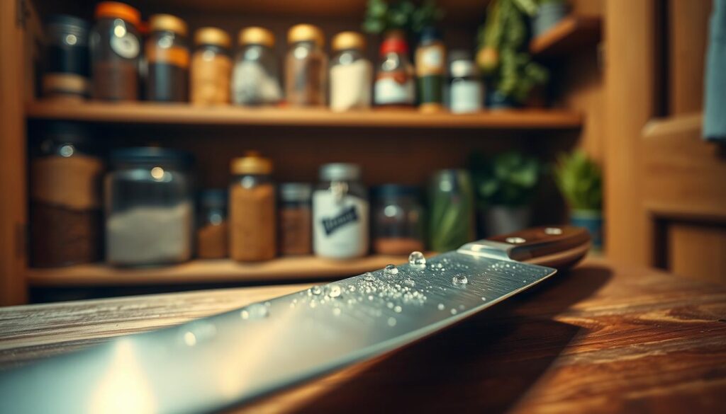 A close-up shot of a professional kitchen knife resting on a wooden cutting board, with droplets of condensation forming on the blade, conveying a sense of humidity. In the foreground, the knife gleams under soft, diffused lighting, highlighting its sleek design and expertly sharpened edge. The middle layer features a blurred background of a kitchen pantry filled with various storage containers and wooden shelves lined with spices and herbs, hinting at an organized space. The atmosphere is calm and slightly moody, with a warm light casting subtle shadows, evoking the importance of assessing storage conditions to protect valuable tools. Capture the details of moisture in the air, suggesting a need for careful knife storage.