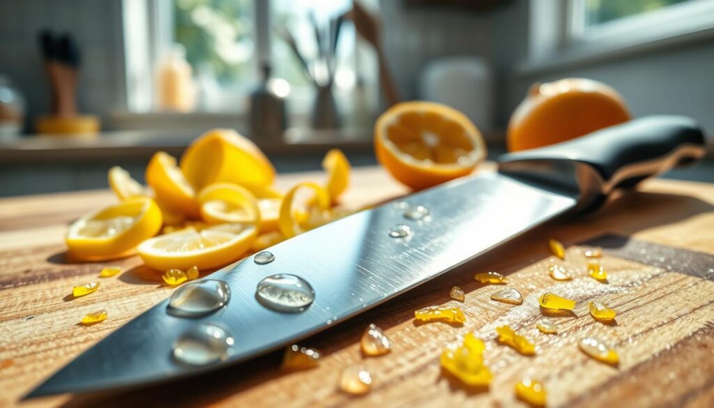 A close-up view of a gleaming knife blade resting on a wooden cutting board, with a focus on its edge showing signs of wear from cutting acidic foods, such as lemon slices and other vibrant fruits. The foreground features glistening droplets of lemon juice on the blade's surface, capturing reflections of light that highlight its sharpness. In the middle, scattered lemon peels and citrus pulp create a colorful, textured backdrop emphasizing the knife's interaction with acidic items. The background is softly blurred with kitchen utensils and a hint of a bright, airy kitchen setting. Natural light pours in from a nearby window, creating a fresh and lively atmosphere, illustrating the theme of maintenance and care for kitchen tools.