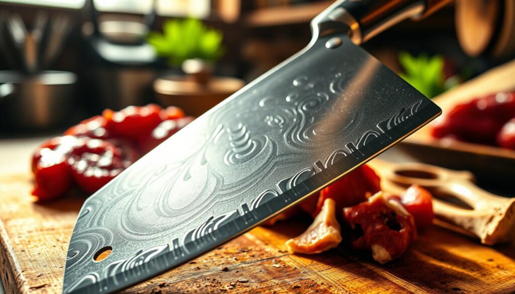 A close-up view of a heavy-duty meat cleaver, showcasing its sharp, glistening blade with intricate patterns reflecting light. The cleaver is positioned on a textured wooden cutting board, surrounded by raw ingredients such as chunks of meat and bones, emphasizing its intended use. The scene is warmly lit with soft, natural light filtering from above, casting gentle shadows that highlight the details of the cleaver’s handle and blade. In the background, hints of a rustic kitchen setting are subtly blurred to keep the focus on the cleaver. The atmosphere should evoke a sense of craftsmanship and readiness for serious culinary tasks, appealing to both professional chefs and cooking enthusiasts.