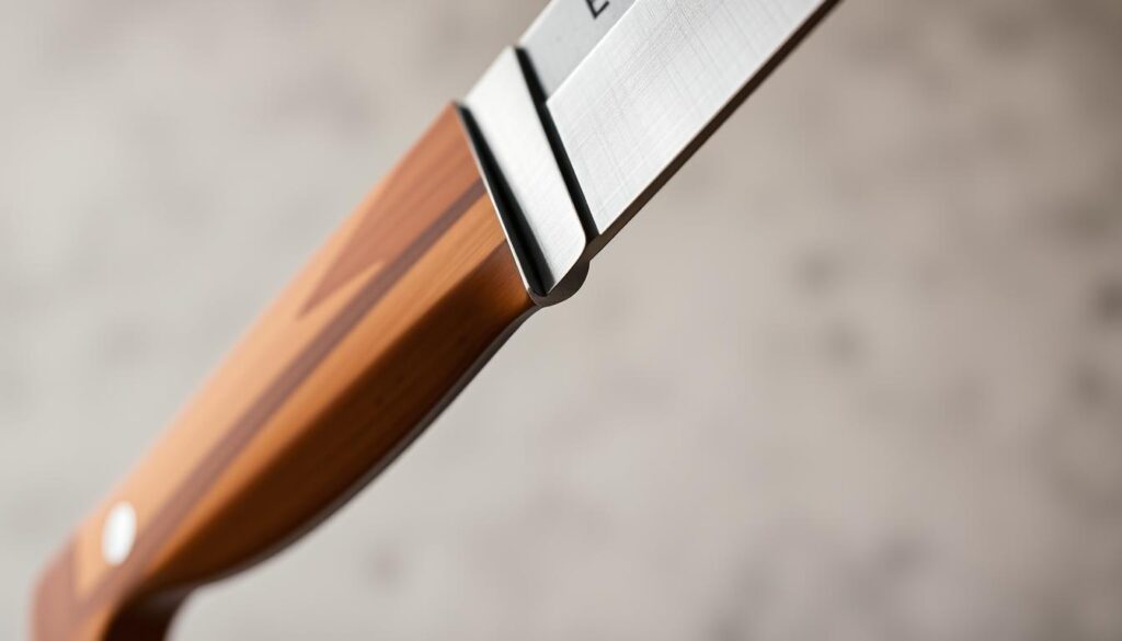 A close-up view of a knife tang displayed prominently against a neutral background, showcasing a full tang construction. The knife should be turned slightly to emphasize the integral connection between the blade and handle, revealing how the tang extends through the handle for strength and stability. Utilize soft, diffused lighting to enhance the metallic sheen of the tang and highlight the textures of the wood or polymer grip. The angle should be slightly above the knife, creating a dynamic perspective that invites the viewer to examine the craftsmanship. The image should evoke a sense of precision and quality, ideal for illustrating the importance of knife tang designs in safety and usage.