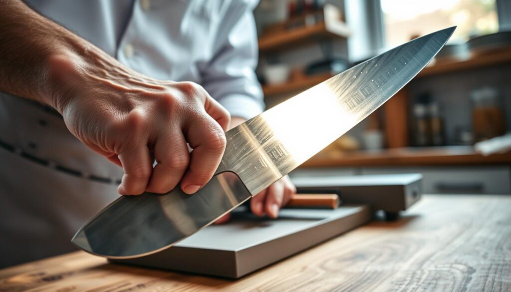 A close-up view of a left-handed chef focusing on the edge of a high-quality kitchen knife, showcasing its sharpness and precision. The foreground features the gleaming, finely-honed blade reflecting light, with intricate details of the edge visible. The middle ground includes the chef’s left hand, steady and skillfully holding the knife at an optimal sharpening angle, with a whetstone on a wooden countertop nearby. The background highlights a well-organized kitchen environment, filled with natural light filtering through a window, casting soft shadows and enhancing the sense of professionalism. The mood is calm and focused, evoking the artistry and technique of sharpening knives specifically for left-handed usage.