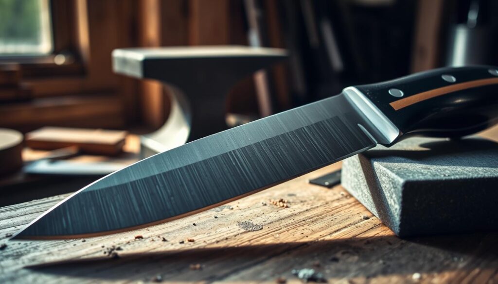 A close-up view of a left-handed knife blade, showcasing its unique side geometry, with a focus on the edge and bevel for sharpening. The knife is positioned horizontally on a wooden workbench, with a sharpening stone beside it. The lighting is soft and natural, coming from a window to the left, casting gentle shadows that emphasize the sharpness and details of the blade. In the background, there's an anvil and some tools arranged neatly, hinting at a workshop atmosphere. The overall mood is focused and professional, capturing the essence of craftsmanship essential for left-handed knife sharpening.