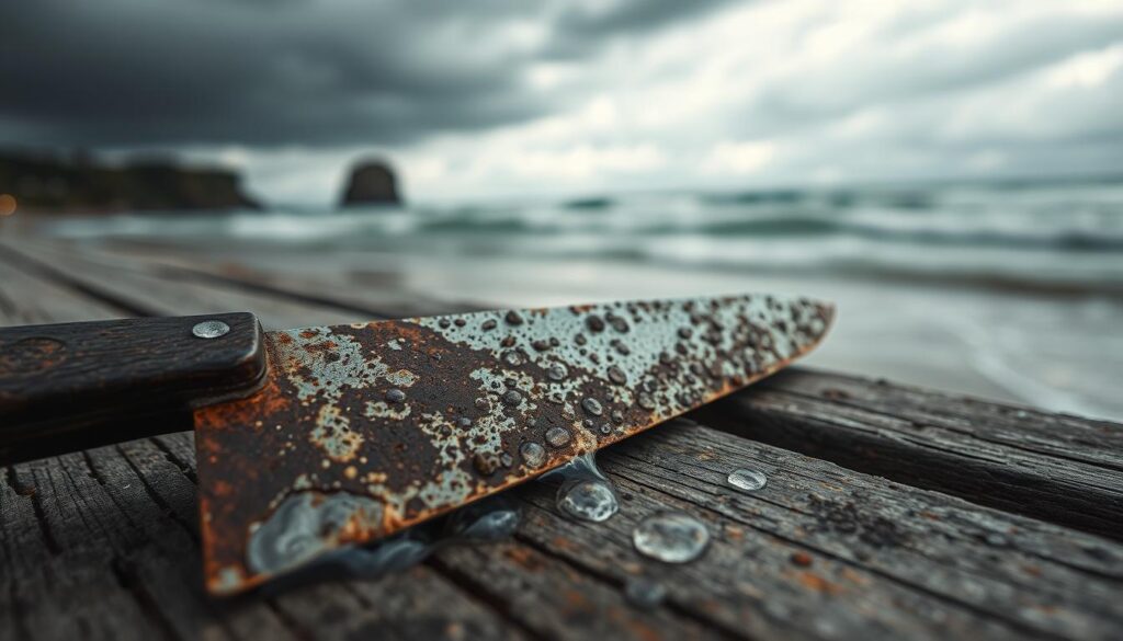 A close-up view of a rusted knife resting on a weathered wooden surface, showcasing vivid details of corrosion caused by high humidity. The blade is partially submerged in droplets of water, emphasizing the effect of coastal conditions. In the background, hint at a blurred beach scene with rolling waves and dark clouds gathering on the horizon, creating a gloomy atmosphere. Soft, diffused lighting illuminates the corrosion details, while shadows deepen around the edges of the knife, suggesting a sense of decay. The overall mood is somber, reflecting the infliction of humidity on metal, highlighting the importance of care against rust in coastal climates. A close-up view of a rusted knife resting on a weathered wooden surface, showcasing vivid details of corrosion caused by high humidity. The blade is partially submerged in droplets of water, emphasizing the effect of coastal conditions. In the background, hint at a blurred beach scene with rolling waves and dark clouds gathering on the horizon, creating a gloomy atmosphere. Soft, diffused lighting illuminates the corrosion details, while shadows deepen around the edges of the knife, suggesting a sense of decay. The overall mood is somber, reflecting the infliction of humidity on metal, highlighting the importance of care against rust in coastal climates.