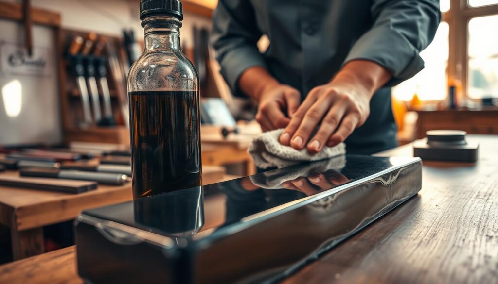 A close-up view of a sharpening stone being lubricated with oil, highlighting the glistening surface of the stone in the foreground. The oil is dark and viscous, captured in a clear, glass bottle resting next to the stone. In the middle ground, a pair of hands, dressed in professional attire with rolled-up sleeves, are carefully applying the oil to the sharpening stone with a cloth. The background features a softly blurred workshop setting, with various sharpening tools and stones on a wooden workbench, illuminated by warm, natural light coming from a nearby window. This creates a serene and focused atmosphere, ideal for showcasing the nuances of oil as a lubricant for sharpening stones.