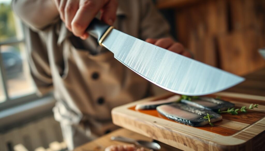 A close-up view of a skilled artisan honing a flexible fillet knife against a fine honing rod, showcasing the careful technique required for soft steel blades. The artisan, dressed in modest casual clothing, has focused expression and steady hands. The foregound highlights the gleaming edge of the knife as it glides along the rod, with droplets of water reflecting light, symbolizing the honing process. In the middle distance, a wooden cutting board with fresh fish fillets and herbs sits, enhancing the culinary theme. The background is softly blurred to keep attention on the honing action, illuminated by warm, natural light from a nearby window, creating a serene and focused atmosphere.