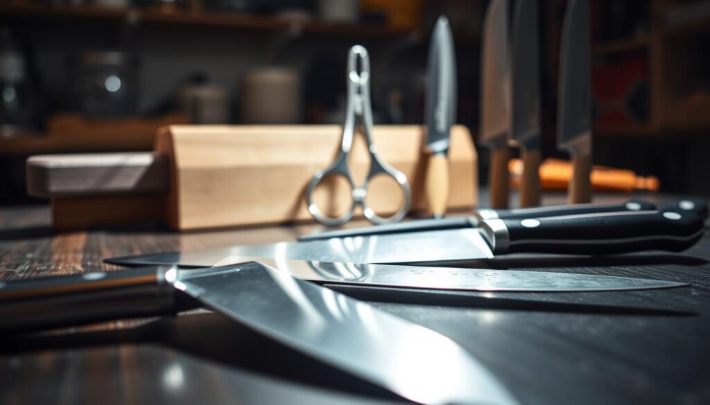 A collection of freshly sharpened knives arranged artistically on a clean, dark wooden table, showcasing various styles and data-sizes. The foreground features a chef's knife glistening under soft, natural light, revealing its sharp edge and polished surface. In the middle, a set of precision scissors stands upright, reflecting the light with a metallic sheen. Background elements include a blurred sharpening stone and faint hints of a workshop, enhancing the professional atmosphere. The setting has a warm, inviting ambiance, with shadows that emphasize the knives' sleek designs. Use a shallow depth of field to focus on the knives, creating an intimate yet informative mood, suited for a discussion on professional knife sharpening costs.