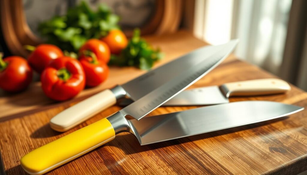 A collection of sleek ceramic knives arranged elegantly on a polished wooden cutting board. The foreground should feature a chef's knife with a vibrant, smooth handle, showcasing its glossy blade that reflects light beautifully. In the middle, a paring knife and a santoku knife are positioned at slight angles, emphasizing their shapes and cutting edges. The background should be softly blurred, hinting at a warm, inviting kitchen ambiance with subtle hints of fresh vegetables and herbs partially visible. Use soft, natural lighting to highlight the knives' sharpness and design, creating a clean, modern aesthetic. The overall mood is sophisticated yet approachable, perfect for a contemporary kitchen setting.