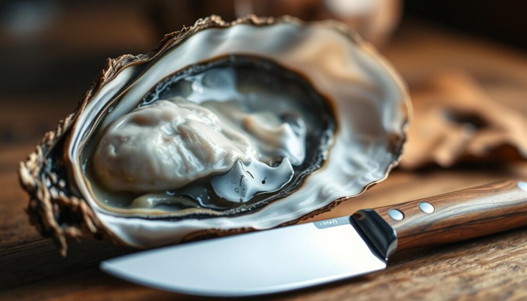 A detailed close-up of an oyster shell, showcasing its unique textures and colors. The shell is partially opened, revealing the glistening, pearly interior, reflecting soft, natural light. In the foreground, include a gleaming oyster knife with a wooden handle, positioned next to the shell, emphasizing the importance of safe shucking tools. The background is softly blurred to create a sense of depth, with hints of a rustic wooden table, enhancing the organic feel of the scene. The lighting is warm and inviting, creating a tranquil and sophisticated atmosphere that evokes the sea and culinary craftsmanship. Focus on capturing the intricate details of the shell and knife, providing a sense of elegance and practicality.