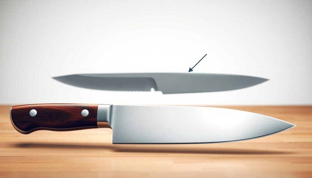 A detailed cross-section illustration of knife construction showcasing the differences between full tang and partial tang designs. In the foreground, prominently feature a full tang knife with a polished wood handle, illustrating its robust structural integrity with a gleaming blade reflecting light. In the middle ground, place a partial tang knife, highlighting the junction where the blade meets the handle, emphasizing its limitations and potential balance issues. The background should be a clean, neutral workspace to avoid distractions, with soft, diffused lighting that enhances the metallic sheen of the blades. Use a slight angle to emphasize depth and craftsmanship, creating a professional and informative atmosphere, ideal for conveying the importance of blade construction in safety and structural integrity.