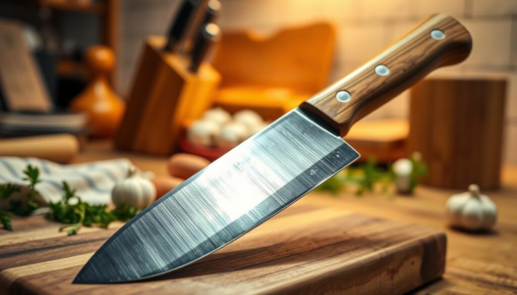 A gleaming meat cleaver prominently featured in the foreground, showcasing its sharp, glistening blade and sturdy wooden handle with intricate grain details. The cleaver rests on a rustic wooden cutting board, surrounded by a few fresh ingredients like herbs and garlic, hinting at its culinary purpose. In the middle ground, soft kitchen accessories like cloth napkins and a knife block can be subtly visible, adding context. The background features a blurred kitchen setting, with warm, inviting lighting that highlights the cleaver, creating a cozy atmosphere. A shallow depth of field emphadata-sizes the cleaver’s craftsmanship, capturing the mood of a serious yet inviting culinary workspace.