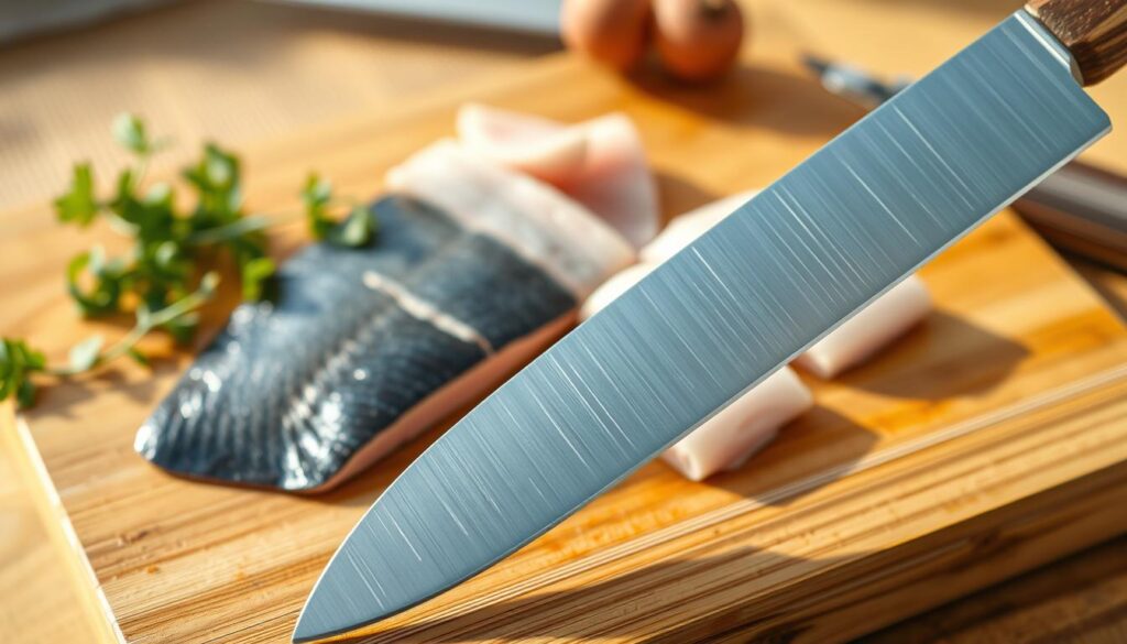 A high-quality image of a pristine fillet knife showcased prominently in the foreground. The knife features a long, flexible stainless steel blade with a sharp, tapered edge, glinting under warm, natural light. The handle, made of textured wood, provides a comfortable grip, with a slight sheen highlighting its craftsmanship. In the middle ground, fresh fish fillets are arranged neatly on a clean, rustic wooden cutting board, emphasizing the precision of clean cuts. The background is softly blurred, featuring hints of kitchen tools like a cutting mat and fresh herbs, creating a culinary atmosphere. The overall mood is clean and professional, illustrating the importance of a sharp fillet knife for achieving perfect, safe cuts in food preparation.