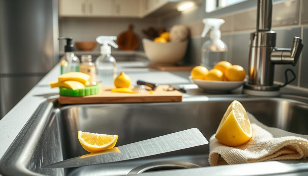 A neatly arranged kitchen sink scene featuring essential cleaning tools and materials. In the foreground, prominently display a stainless steel knife, subtly glistening from recent use, alongside a lemon wedge. Include a soft sponge, a small bottle of dish soap, and a microfiber cloth, all artistically placed around the sink. In the middle ground, showcase a cutting board with traces of yellow citrus juice and small utensils like a peeler and vegetable brush. In the background, softly illuminated by natural light, feature a few kitchen cabinets and a bowl of fresh lemons. The overall atmosphere should convey a sense of cleanliness and organization, with soft shadows enhancing the bright, inviting mood of the kitchen environment.