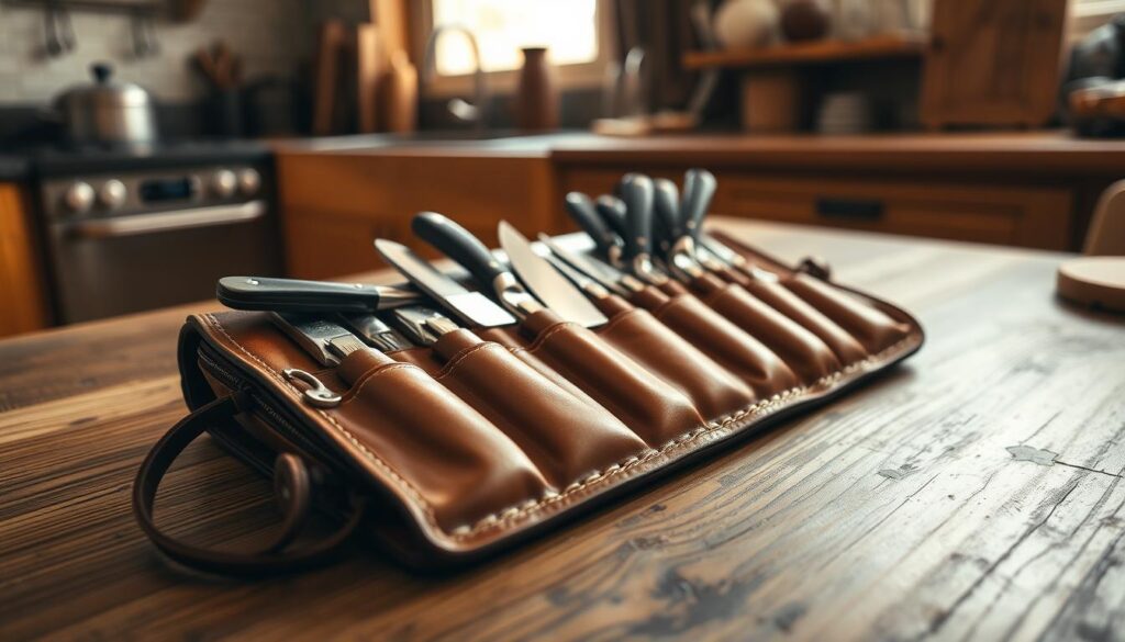 A neatly arranged leather knife roll, partially unzipped to showcase its elegant compartments filled with various high-quality kitchen knives. The knife roll is placed on a rustic wooden table that enhances its organic feel. In the background, a softly blurred kitchen setting features warm, natural lighting streaming through a window, creating a cozy atmosphere. The image should capture the texture of the leather, with a focus on stitching and the sheen of polished knife blades. The angle is slightly overhead, highlighting the organization of tools while still emphasizing the knife roll's craftsmanship. The mood is calm and inviting, suitable for a workspace dedicated to culinary creativity.