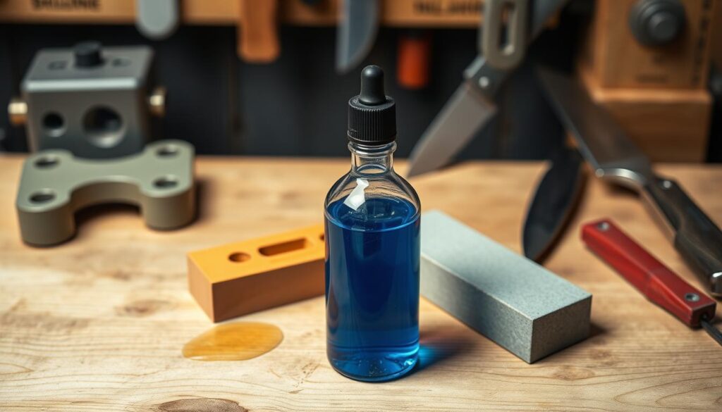 A sleek bottle of lubricant sitting front and center on a wooden workbench. The bottle, made of translucent plastic, shows a deep blue liquid that glistens under soft, diffused lighting. Surrounding the bottle, a couple of sharpening stones, one oil-stained, the other dry, emphasize the importance of lubricant in sharpening. The background features blurred out tools of the trade, such as honing guides and a pair of high-quality knives, creating an atmosphere of craftsmanship. The angle is slightly above eye level, allowing a clear view of the lubricant and stones. The overall mood is focused and serene, highlighting the precision and care involved in the sharpening process.