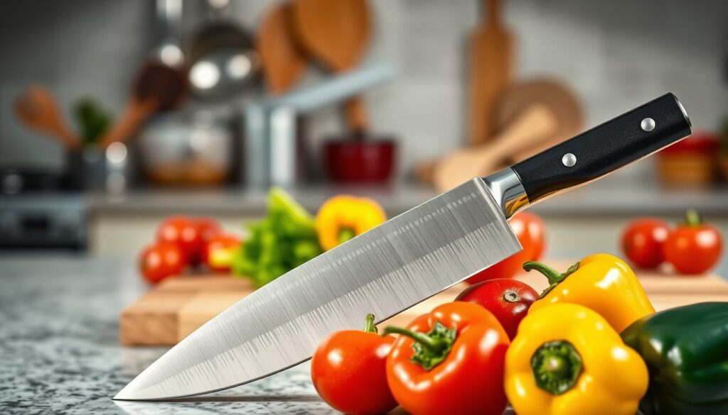 A vibrant kitchen countertop showcases a set of elegant ceramic knives, highlighting their sleek and modern design. In the foreground, a high-quality, shiny ceramic knife with a black handle is artistically placed next to a vivid assortment of fresh vegetables, such as bell peppers and tomatoes, emphasizing the knife's sharpness and precision. In the middle ground, two additional ceramic knives of varying data-sizes are positioned on a stylish cutting board made of natural wood. The background features soft-focus cooking utensils and a subtle hint of an inviting kitchen environment, illuminated by warm, natural lighting to create a cozy atmosphere. The composition focuses on the contrast between the ceramic knives and the fresh produce, conveying the theme of quality kitchen tools.
