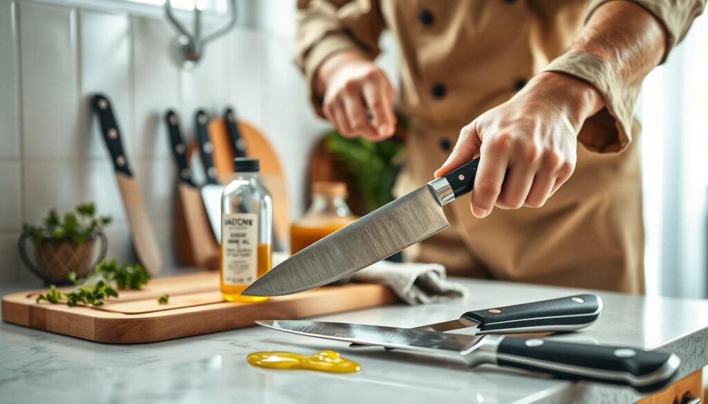 A well-organized kitchen counter scene focused on knife care, featuring a selection of high-quality kitchen knives. In the foreground, a chef's hands, wearing modest casual clothing, are carefully applying a light coat of oil to a stainless steel knife, ensuring protective maintenance. The middle ground shows a wooden cutting board, along with a cloth and a bottle of food-safe mineral oil, creating a sense of preparation. In the background, soft, natural lighting streams in from a nearby window, illuminating the scene with a warm, inviting glow. A few herbs and a hint of rustic kitchen decor add charm without overwhelming the focus on knife care. The atmosphere is calm and diligent, highlighting the importance of everyday knife maintenance to prevent rust in humid coastal environments. A well-organized kitchen counter scene focused on knife care, featuring a selection of high-quality kitchen knives. In the foreground, a chef's hands, wearing modest casual clothing, are carefully applying a light coat of oil to a stainless steel knife, ensuring protective maintenance. The middle ground shows a wooden cutting board, along with a cloth and a bottle of food-safe mineral oil, creating a sense of preparation. In the background, soft, natural lighting streams in from a nearby window, illuminating the scene with a warm, inviting glow. A few herbs and a hint of rustic kitchen decor add charm without overwhelming the focus on knife care. The atmosphere is calm and diligent, highlighting the importance of everyday knife maintenance to prevent rust in humid coastal environments.