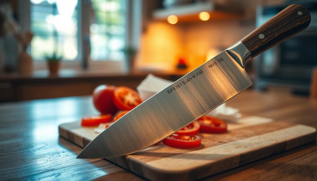 Ahigh-quality, polished kitchen knife placed prominently in the foreground, its gleaming blade reflecting soft light and showcasing its sharp edge. The handle is made of rich, dark wood, adding warmth to the image. In the middle, a cutting board with subtle texture is visible, scattered with thin, sliced tomatoes and a sheet of white paper slightly crumpled, hinting at the sharpness tests. In the background, a softly blurred kitchen setting with warm, inviting ambient lighting creates a cozy atmosphere. The image captures a sense of purpose and readiness for testing, emphasizing the precision and elegance of the blade, with a shallow depth of field that focuses on the knife and testing materials.