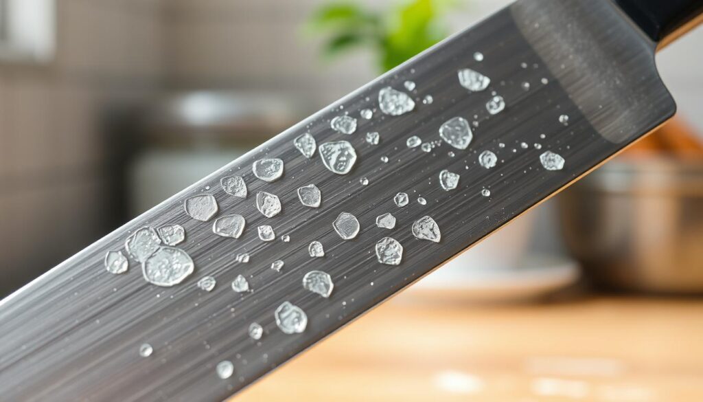 Close-up view of a stainless steel blade featuring hard water stains and mineral deposits, showcasing a range of irregular, white and cloudy spots on the surface. The blade is positioned diagonally across the center of the frame, illuminated by soft, diffused natural light from the left, enhancing the textures and imperfections. The background is softly blurred to maintain focus on the blade, with hints of a clean, well-organized workspace. The mood is informative and clean, highlighting the importance of maintaining tools free from mineral buildup. Capture the details of the stains, including their varying patterns and opacity, to effectively illustrate the challenges of removing such deposits.